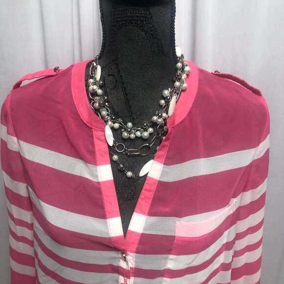 Apt 9 Blouse Womens Sz Medium Sheer Pink Orange Stripe Roll Tab Long Sleeve Top - Picture 2 of 7